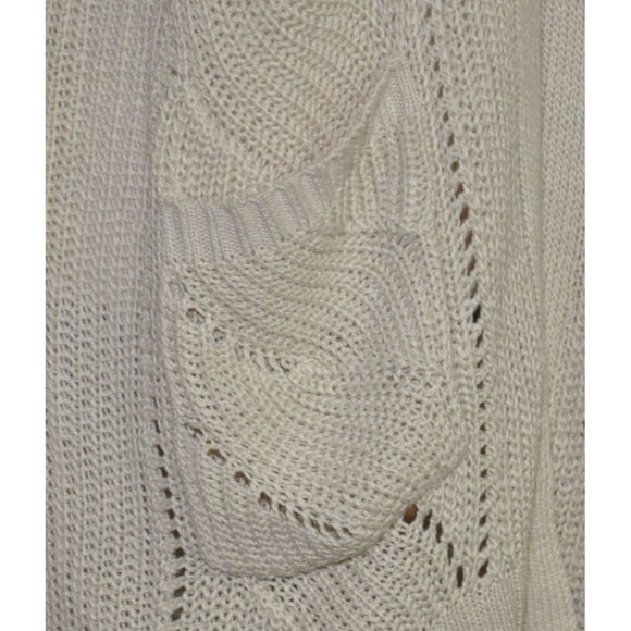 Pink Rose Oatmeal Tan Crochet Open Front Cardigan Sweater Size M Pockets Office - Picture 5 of 12